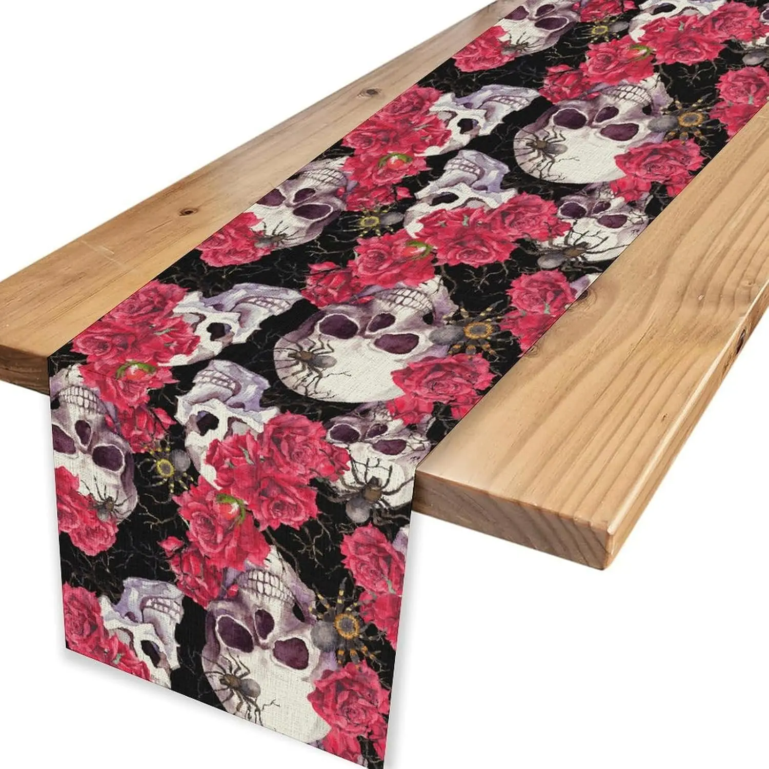 Halloween Gothic Skull Skeleton Flower Linen Table Runner Party Decor Reusable Kitchen Dining Table Runner Halloween Decorations
