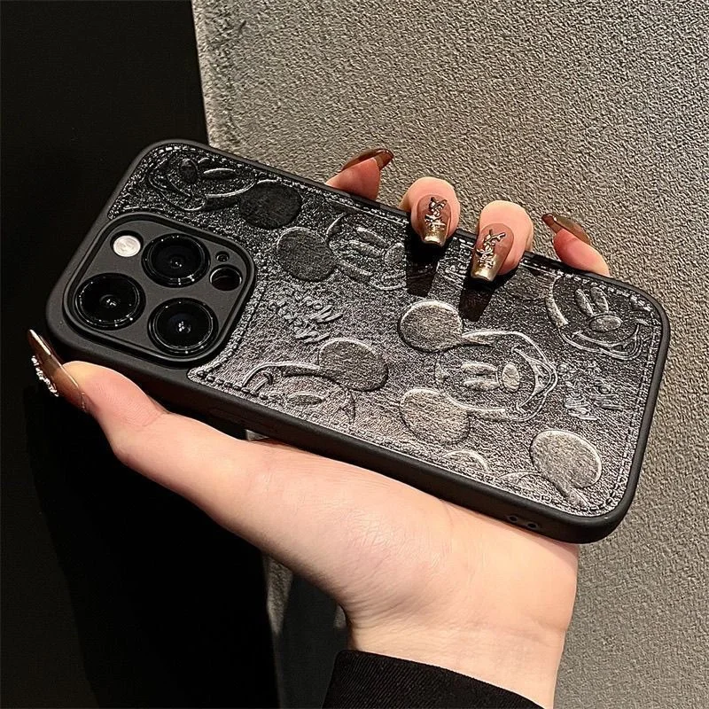 Disney Cartoon Mickey Mouse Zachte Telefoon Case Voor iPhone 11 12 13 14 15 16 17 Pro Max X XR Leuke 3D Reliëf Lederen Cover Funda