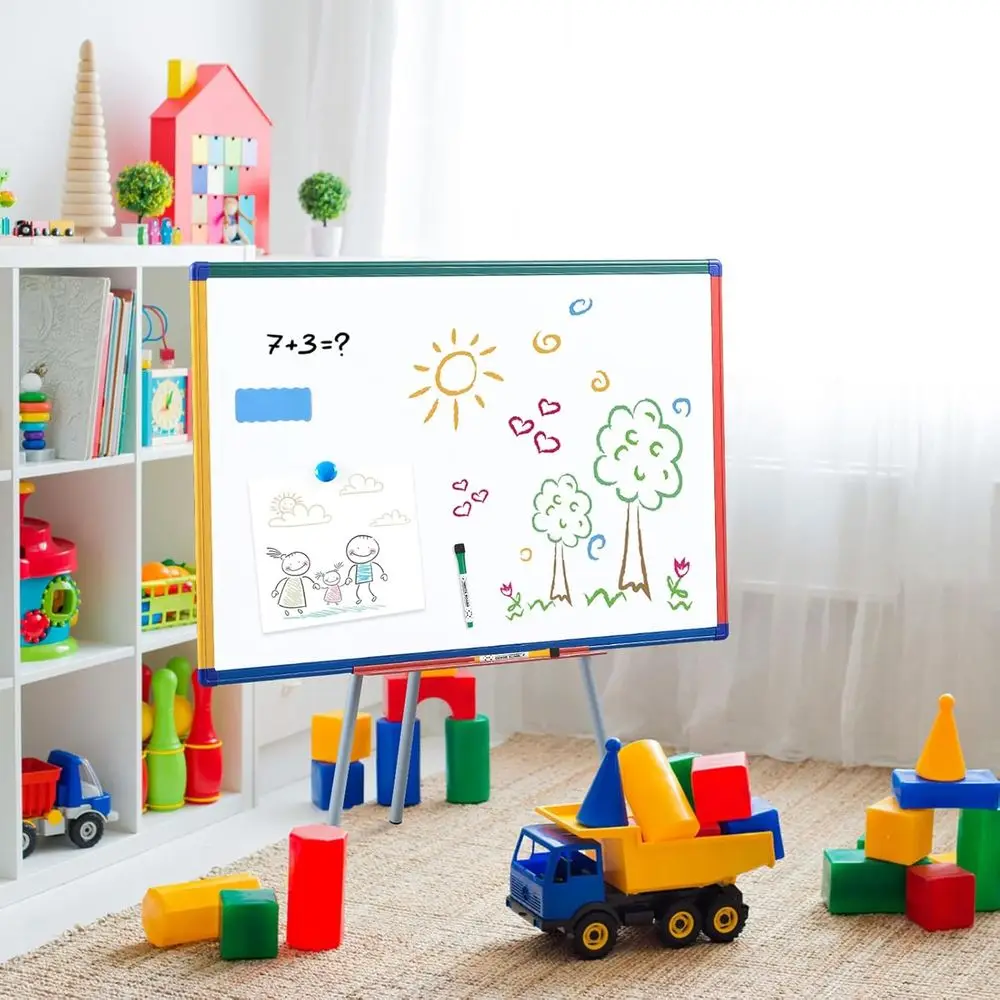 لوح مسح جاف مغناطيسي مع حامل للأطفال، 36 × 24 بوصة، سبورة بيضاء بحامل للفصل الدراسي بإطار ملون