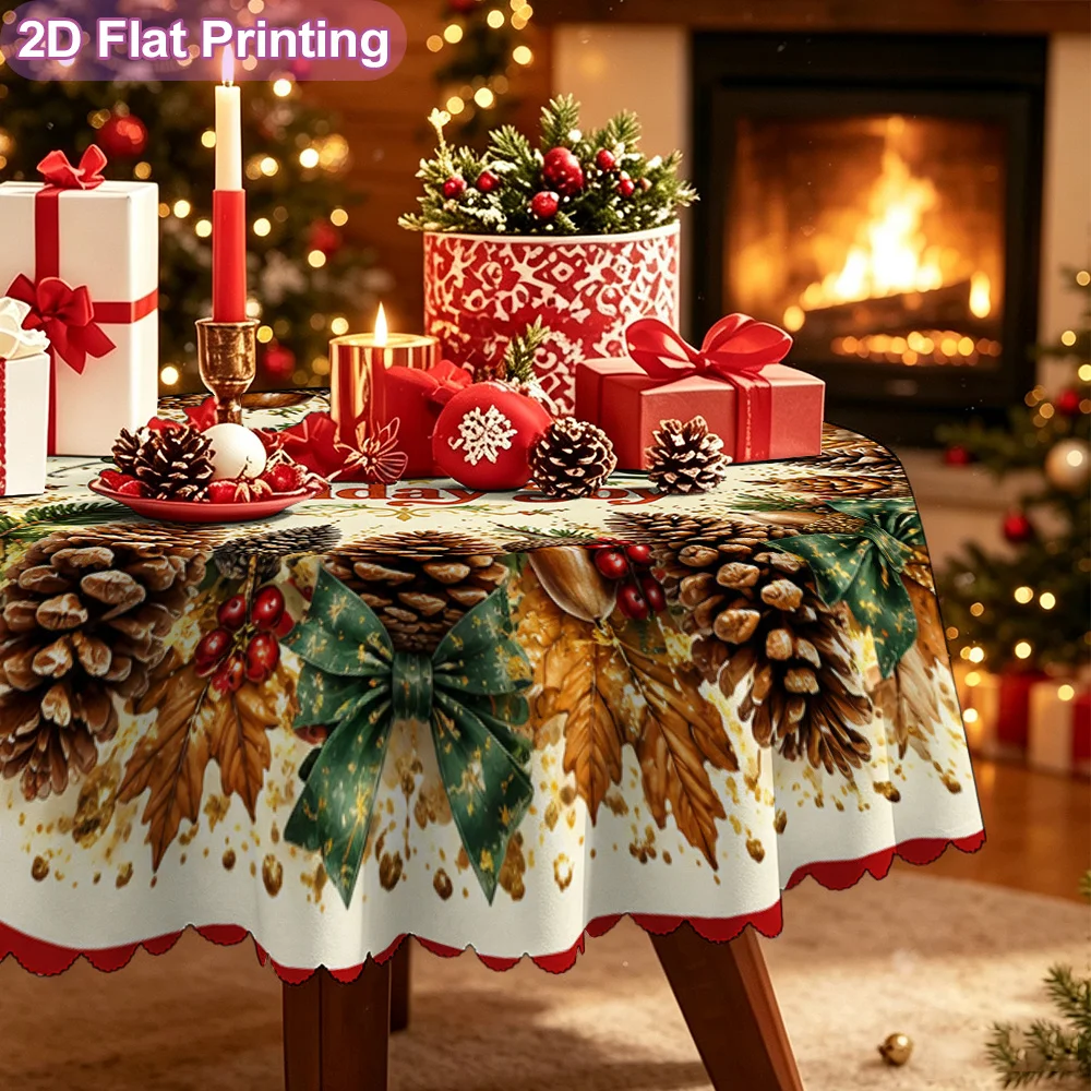 2D flat single piece festive round tablecloth with wooden pine cone festive joy wreath design pattern, decorative tablecloth