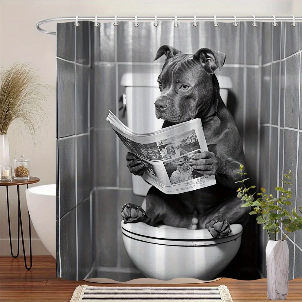1pc Humorous Pit Bull Puppy Shower Curtain Cute Short-Haired Dog Sitting on Toilet Holding Newspaper with Cartoon Print Funny Bl