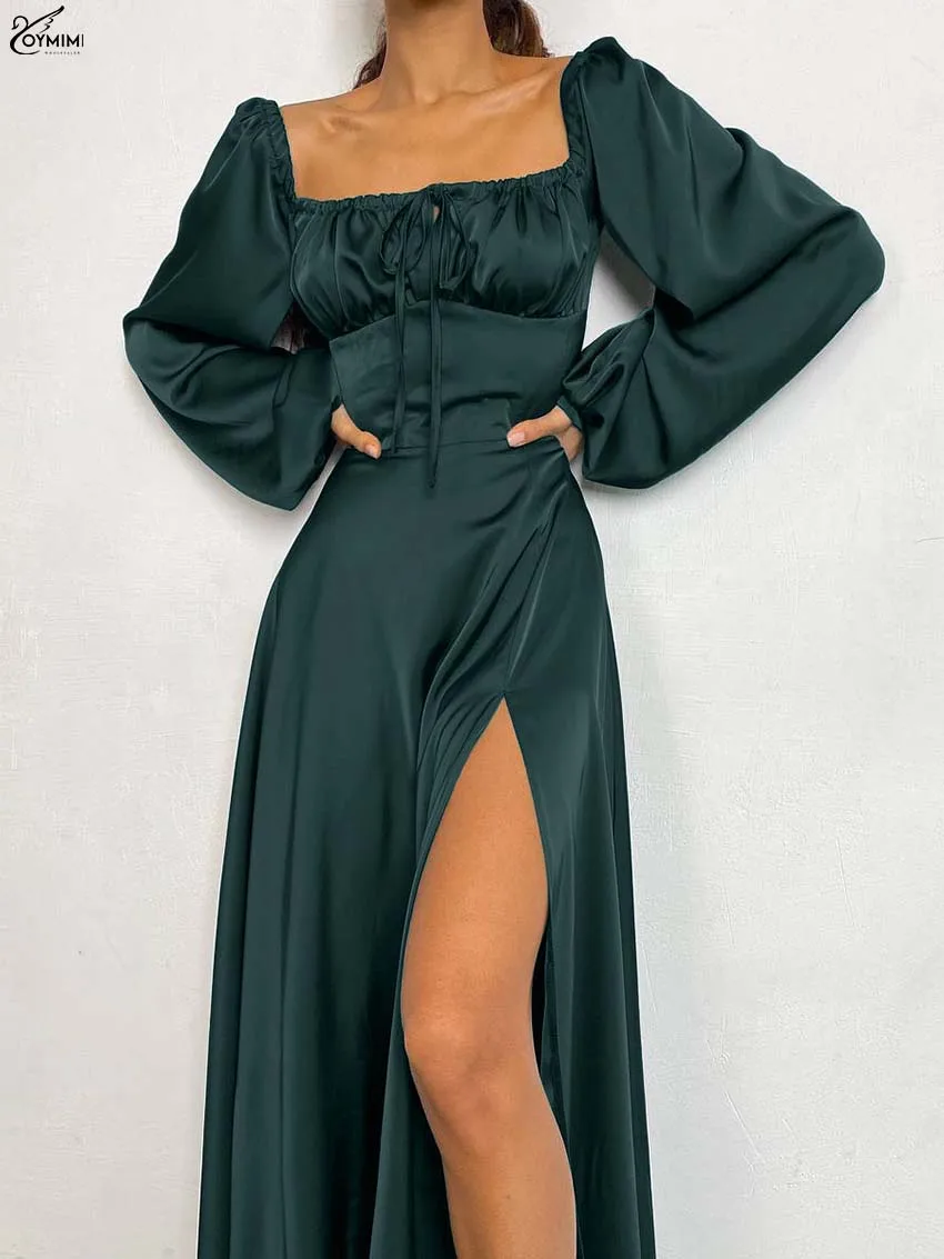Oymimi Fashion Zielone Satynowe Sukienki 2025 Kobieta Elegancka Kwadratowy Dekolt Długi Rękaw Sznurowana Sukienka Codzienna Rozcięcie Boczne Sukienka Do Ziemi