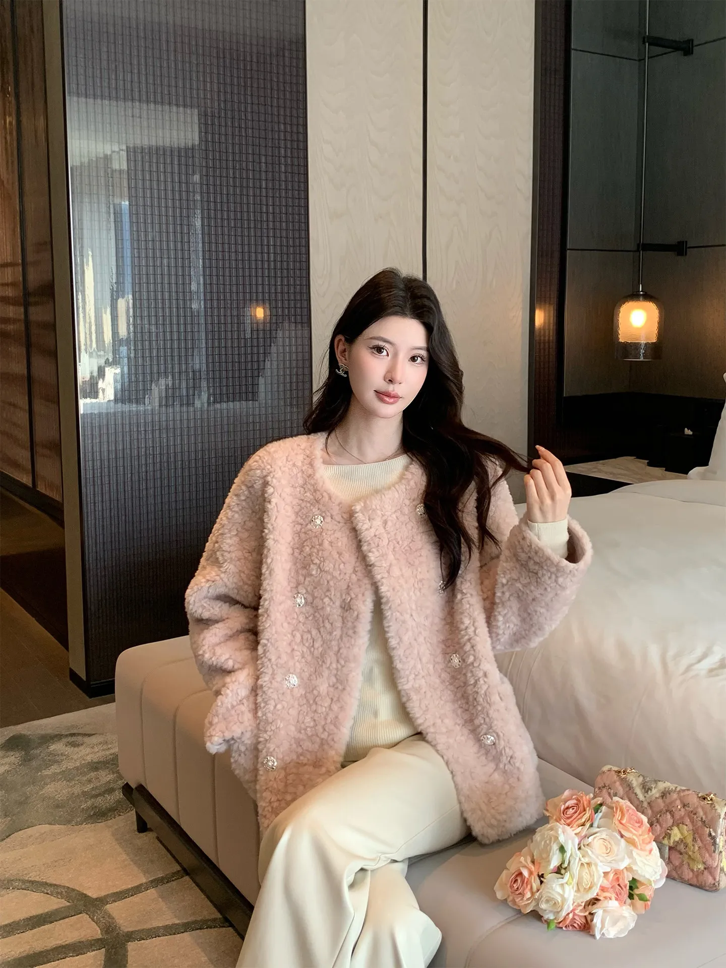 

Ele Pink Purple Furry Outerwear Women's round Ne Double Buttoned Cardigan Autumn Winter New Arrival Ladies Faion