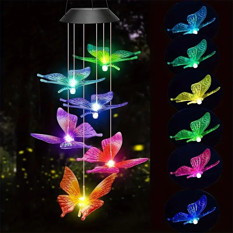 1PC Led Color Changing Butterfly Solar Wind Chimes Outdoor Waterproof Birthday Gifts For Garden Yard Outdoor Lights