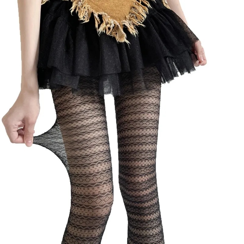 Japanese Vintage Striped Lace Stockings Hollow Jacquard Tights Cream White Black Color Pure Sexy Pantyhose for Spring Summer
