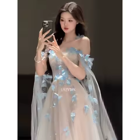 Fairy Blue A-line Evening Gown Dresses Fashion 3D Followers Wedding Dress Simple Photo Shoot Floor-Length Birthday Party Dress