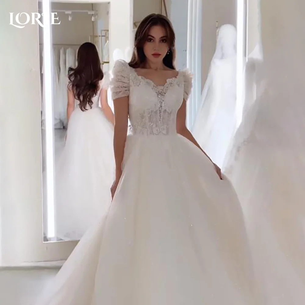 

LORIE Vintage Sparkly Wedding Dresses Puff Long Sleeve Shiny Bridal Gowns Sweetheart Elegant Backelss Bride Dress Customized
