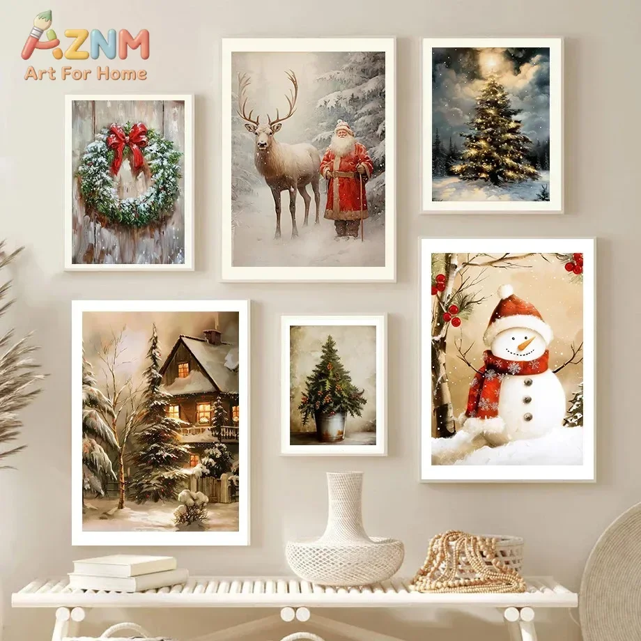 AZNM Frameless Canvas Wall Art, Vintage Christmas Santa Reindeer Snowman Wreath Winter Cabin Print Poster, Retro Festive Holiday