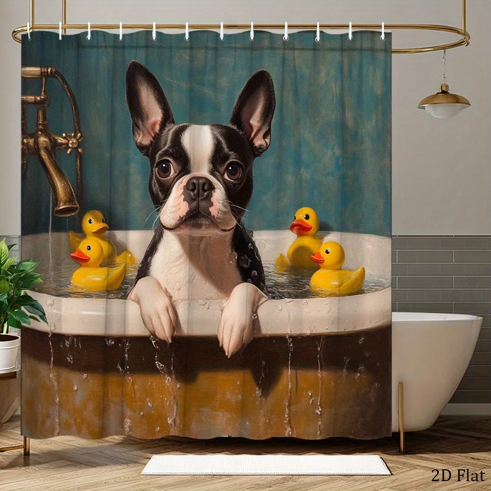 2D Flat, 2D Flat, 1pc of 2D Flat Dog Shower Curtain Featuring a Duck And Boston Terrier Design, Suitable for Clawfoot Tubs. Made