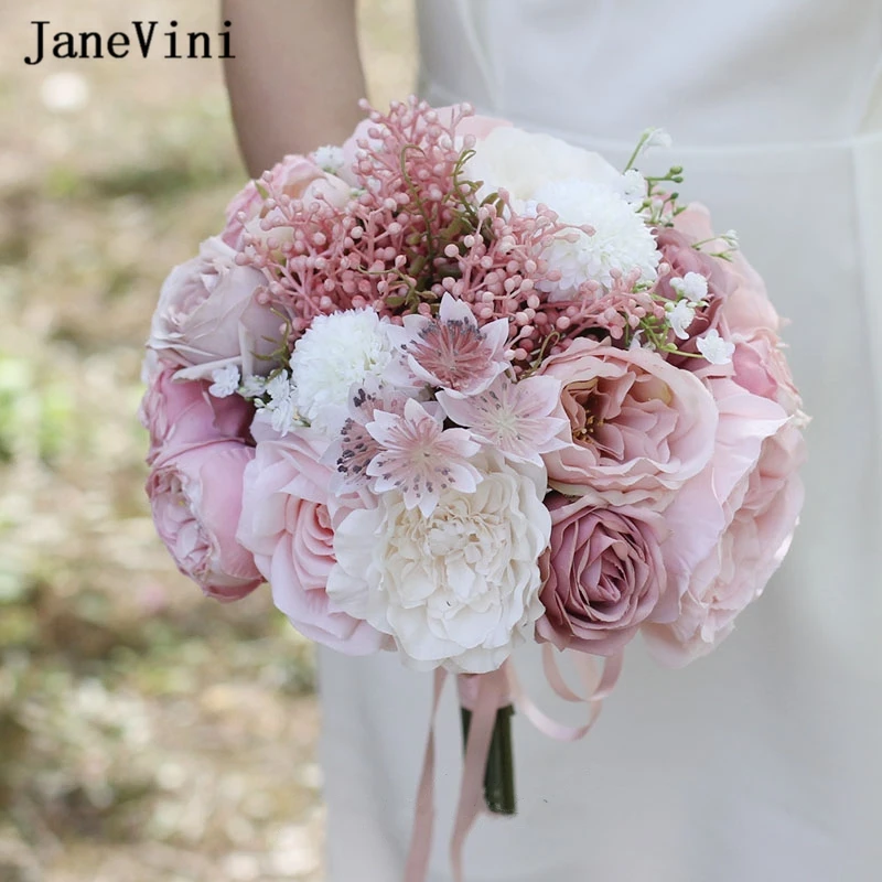 JaneVini New Dusty Pink Flowers Korean Bridal Bouquets Ribbon Handle Artificial Silk Roses Bouquet Wedding Accessories for Bride