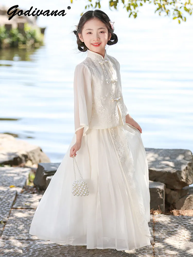

Girls Elegant Ancient Hanfu Skirt Sets 2026 New Spring and Autumn High End Mesh Breathable Chiffon Embroidery Chinese Clothing