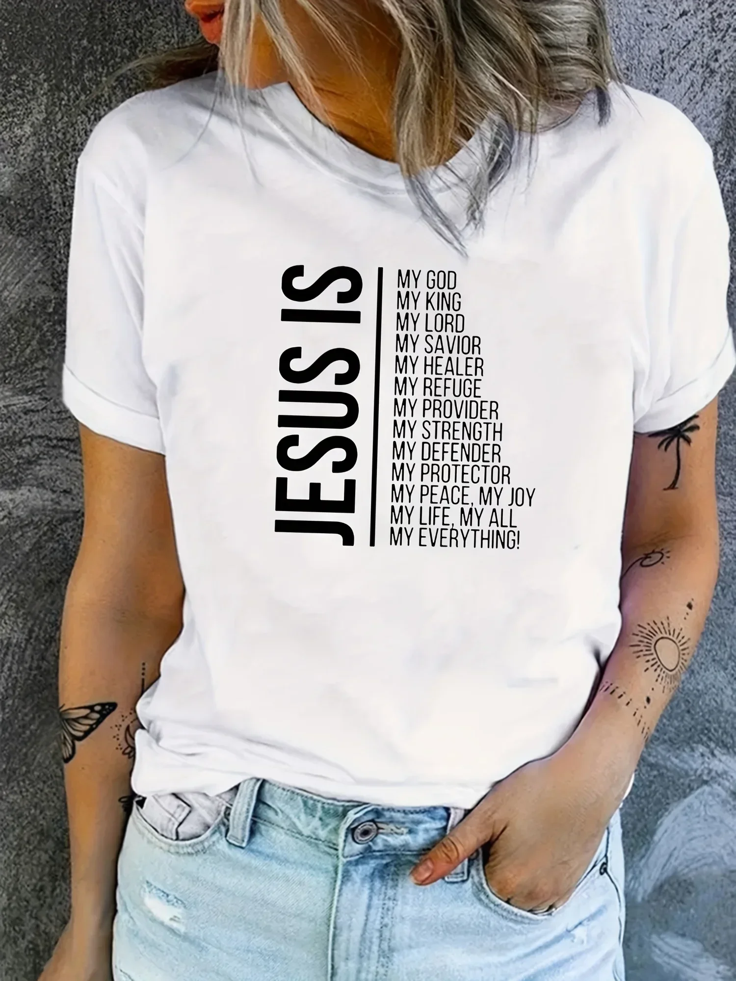 Jesus Is Print Faith Graphic harajuku T-Shirt, Short Sleeve Crew Neck Casual Top For Spring & Summer, Women's Clothing