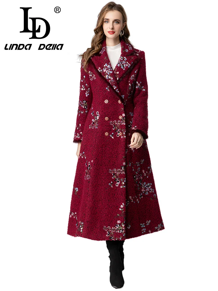 

LD LINDA DELL Suit collar solid color double breasted embroidered commuting formal occasion fashionable windbreaker woolen coat