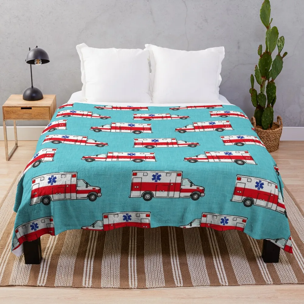 Ambulance on Teal Throw Blanket Flannel Blanket Soft Blanket