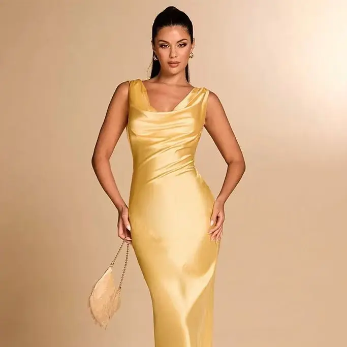 

Ruched Neck Satin Long Party Dresses Women 2025 Solid Sleeveless Backless Mermaid Female Dresses Chic Evening Gowns Customized