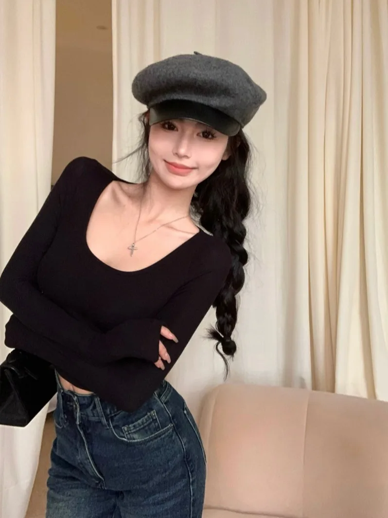 Autumn Sexy  Slim Long Sleeve Shirt Tops Vintage  Kpop  T-shirts  Korean  Crop Top  Y2k Streetwear