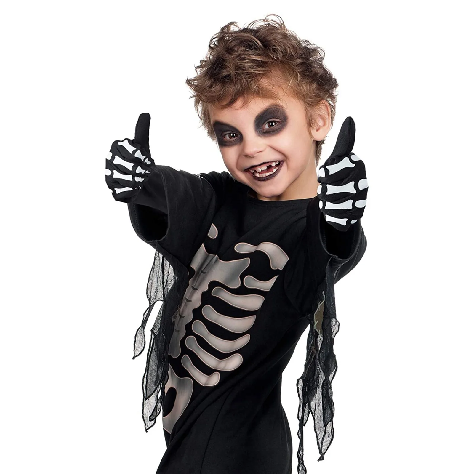 A07I 2 أزواج قفازات الهيكل العظمي للهالوين مع هيكل عظمي للذراع كم كامل إصبع طويل الذراع الهيكل العظمي قفازات للأطفال والكبار #1