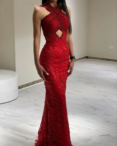 Vestidos de fiesta de sirena rojos con cuello Halter, sexys, personalizados, mangas largas, cuentas de noche, lentejuelas, cremallera, fiesta Formal para mujer