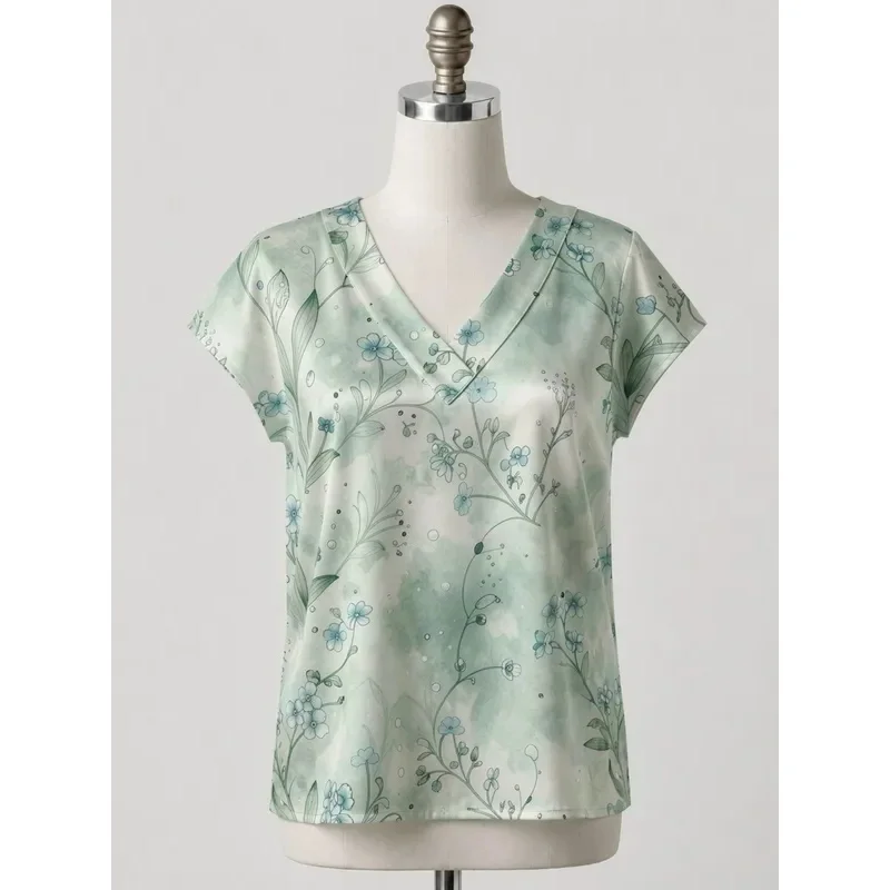 Women's Floral SatinVCollar top，Loose and flowing cut，Silky and elegant，Suitable for everyday wear during vacations