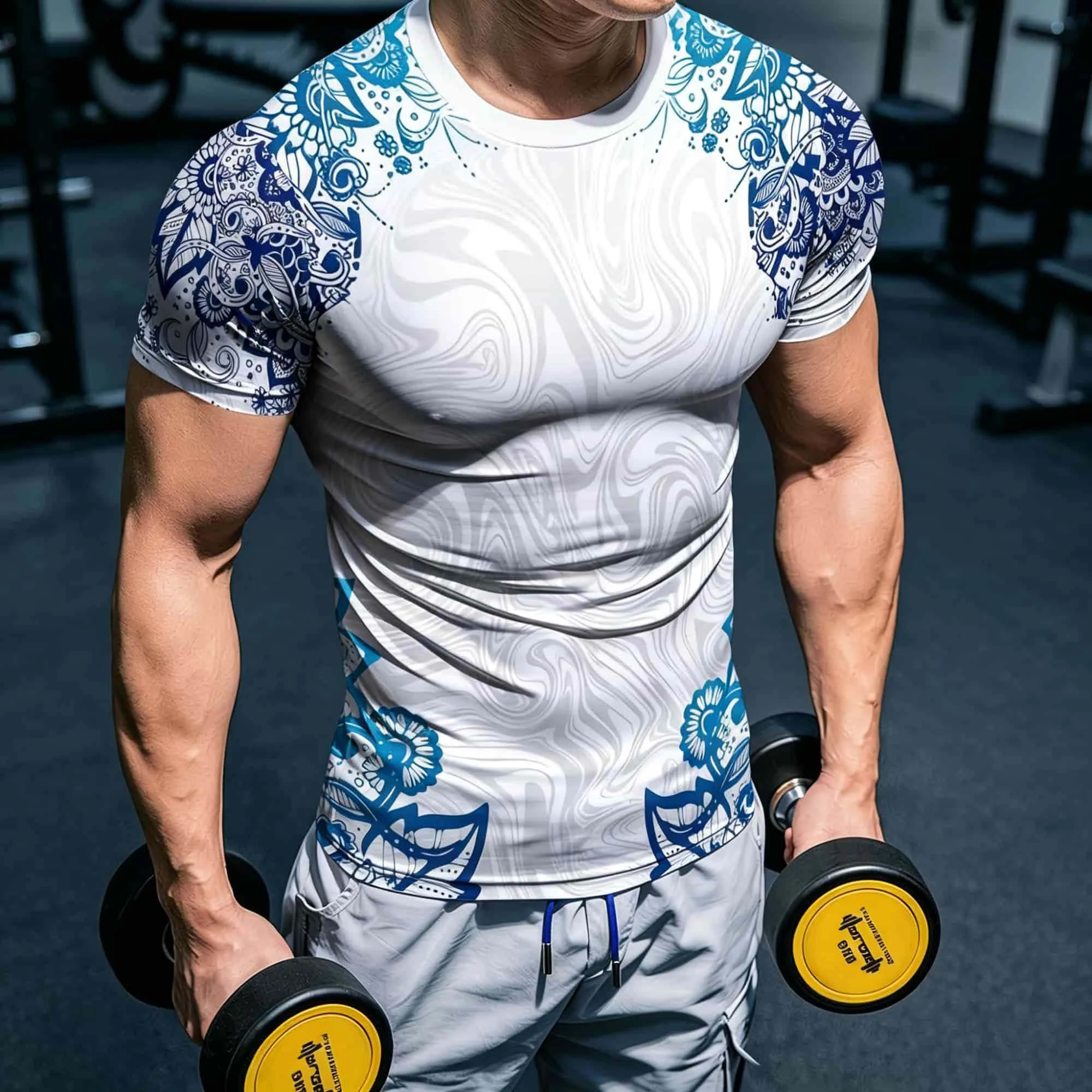 Slim Fit Marble Swirl & Ethnic Floral Compression Tee Men Crew Neck Raglan Short Sleeve Running Workout Sports Tops