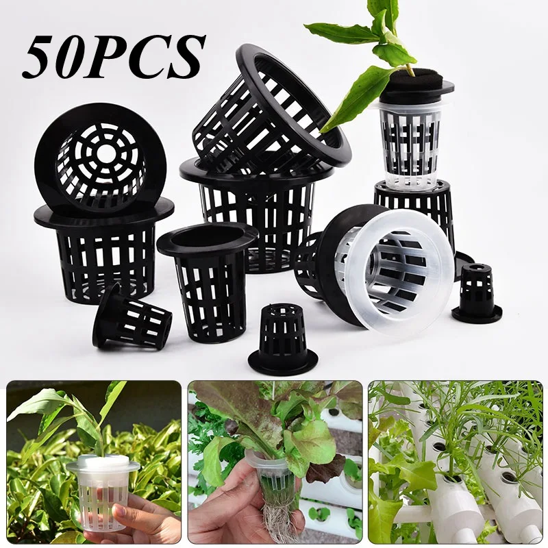 50Pcs Black White Soilless Mesh Plant Grow Pot， Net Basket Holder Vegetable Nursery Cup tray Sponge Hydroponic Colonization Pots