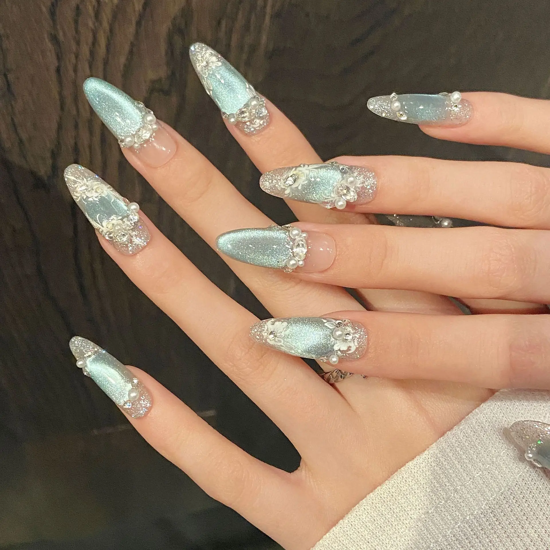 

10Pcs Blue Cat's Eye Handmade Fake Nails Flower Pearl Rhinestone False Nails Press on Long Round Reusable Full Cover Nails Tips