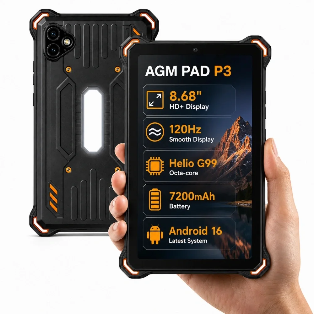 AGM P3 Rugged Tablet 8.68" G99 120Hz 7200mAh Android 16 6GB RAM 128GB ROM Pad IP68/IP69K/810H Widevine L1 4G LTE  Global Vison