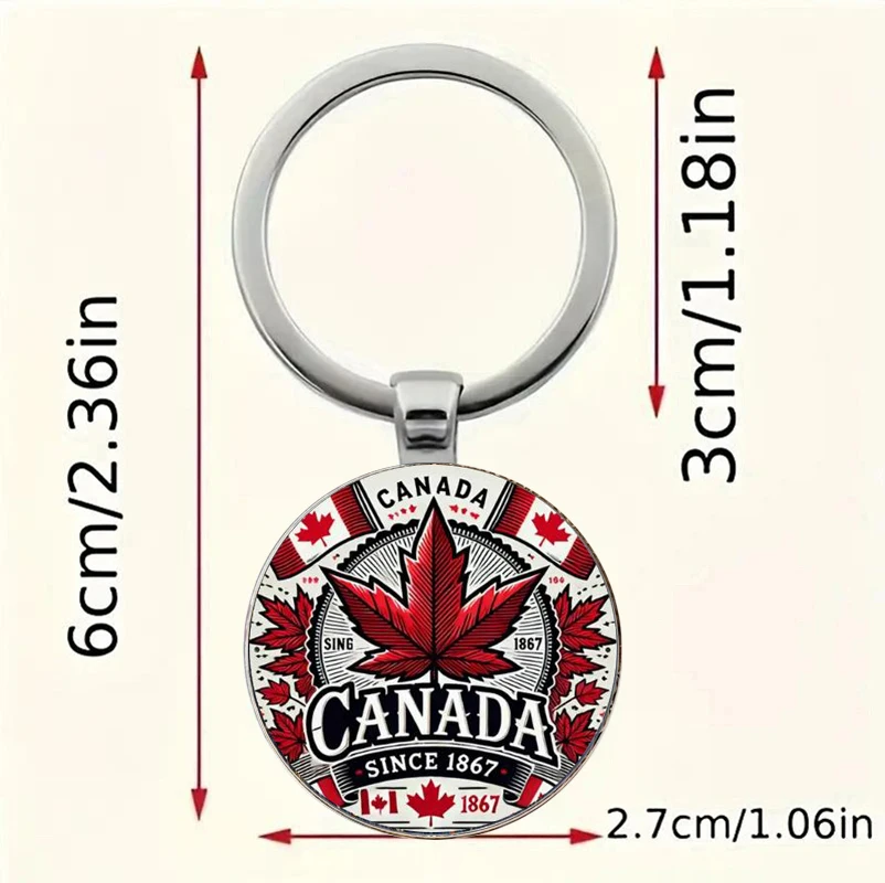 سلسلة مفاتيح مصنوعة من سبائك أوراق القيقب الكندية - تصميم أنيق من أوراق القيقب باللونين الأحمر والأبيض مع "كندا" ونص 1867، وسلسلة مفاتيح من سبيكة متينة