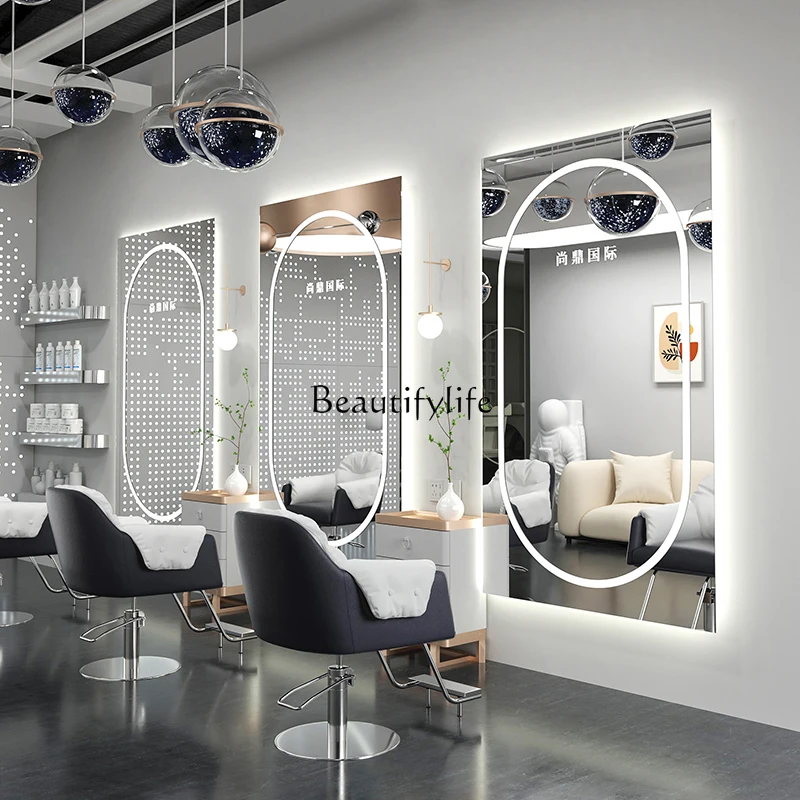 Barber Shop with Light Mirror for Hair Salon Single Side with Frame Wall Hanging Can Be Customized