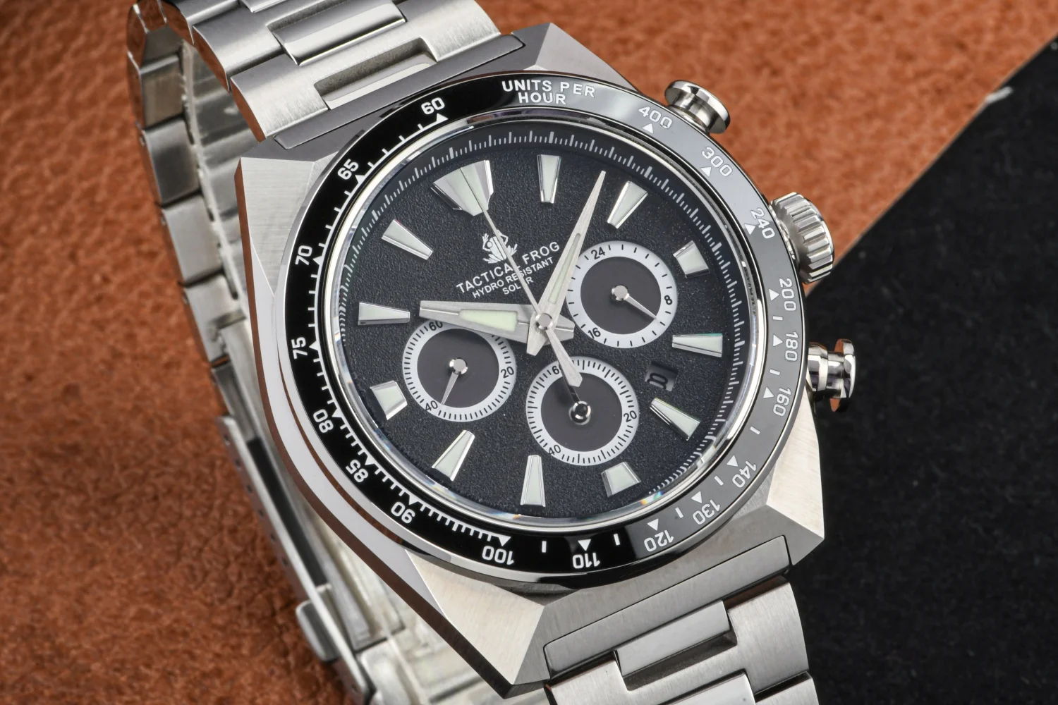 Tactical Frog 43mm Men\'s Timing Watch VS75 Solar Quartz Movement Sapphire C3 Luminous Stainless Steel Chronograph Watches