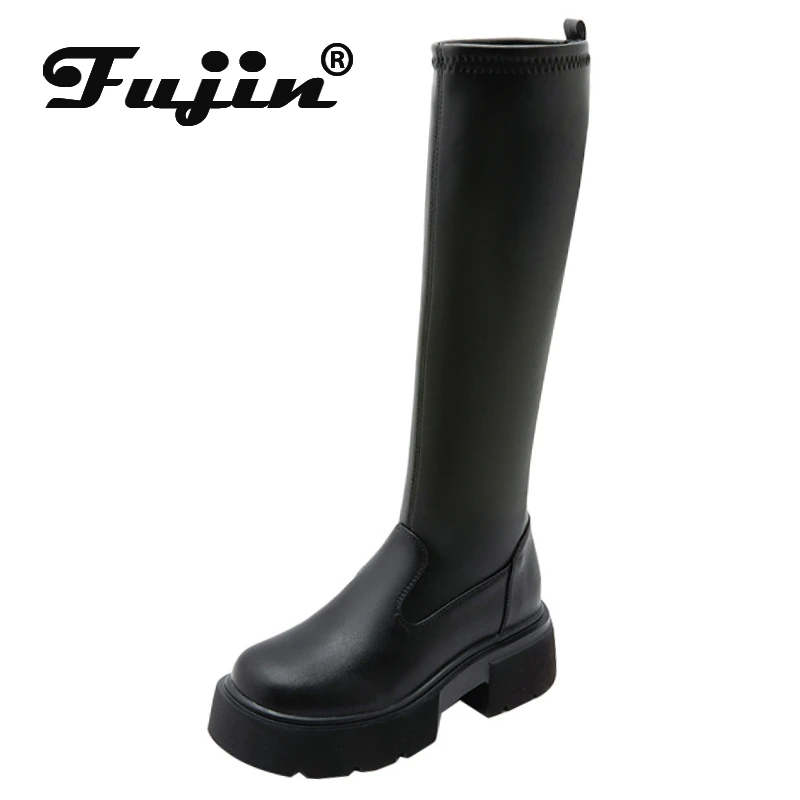 Fujin 7 cm Synthetische PU Leder Runde Kappe Frühling Plüsch Knöchel Frauen Kniehohe Booties Schnee Plattform ZIP Herbst Stiefel winter Schuhe