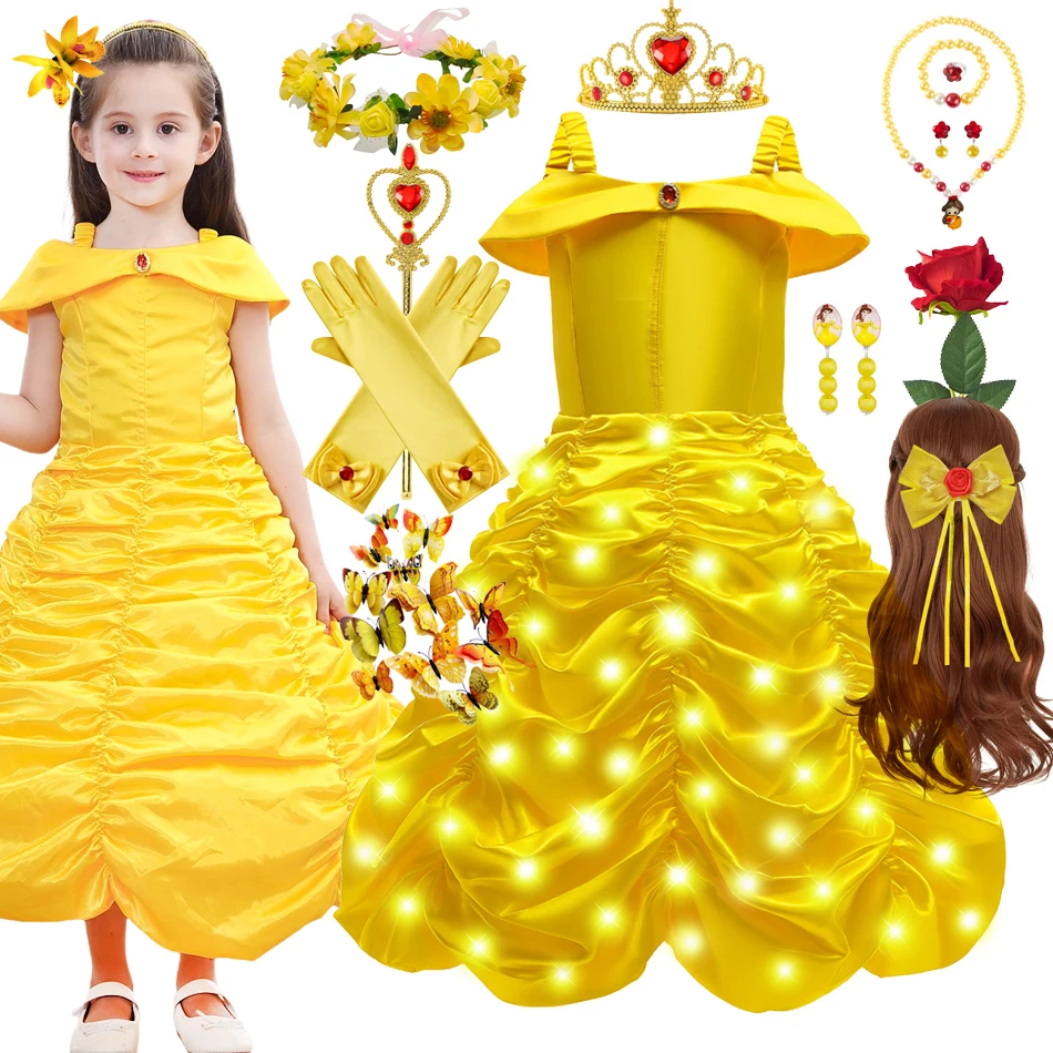 Belle Cosplay Princess Dress Meninas Beauty Beast Kids Carnaval Party LED Light Up Vestuário Magic Stick Coroa Crianças Traje