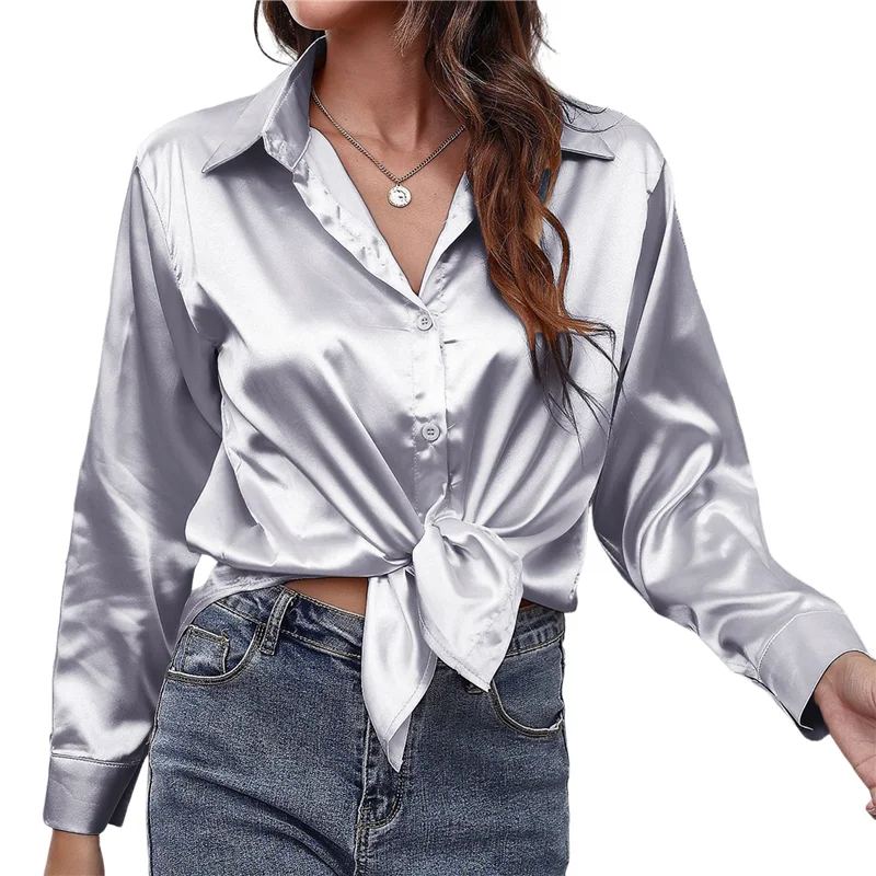 ABRT-Women's Satin Button Down V-Neck Long Sleeve Tops Summer Silk Blouses Fashion Spring Shirt 2025