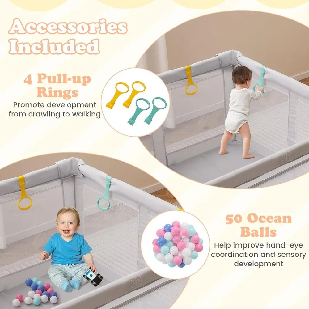 ポータブル折りたたみ式プレイヤード、オーシャンボール50個付き、屋内/屋外ベビーセーフティフェンス、幼児用プレイルーム（50 x 50）