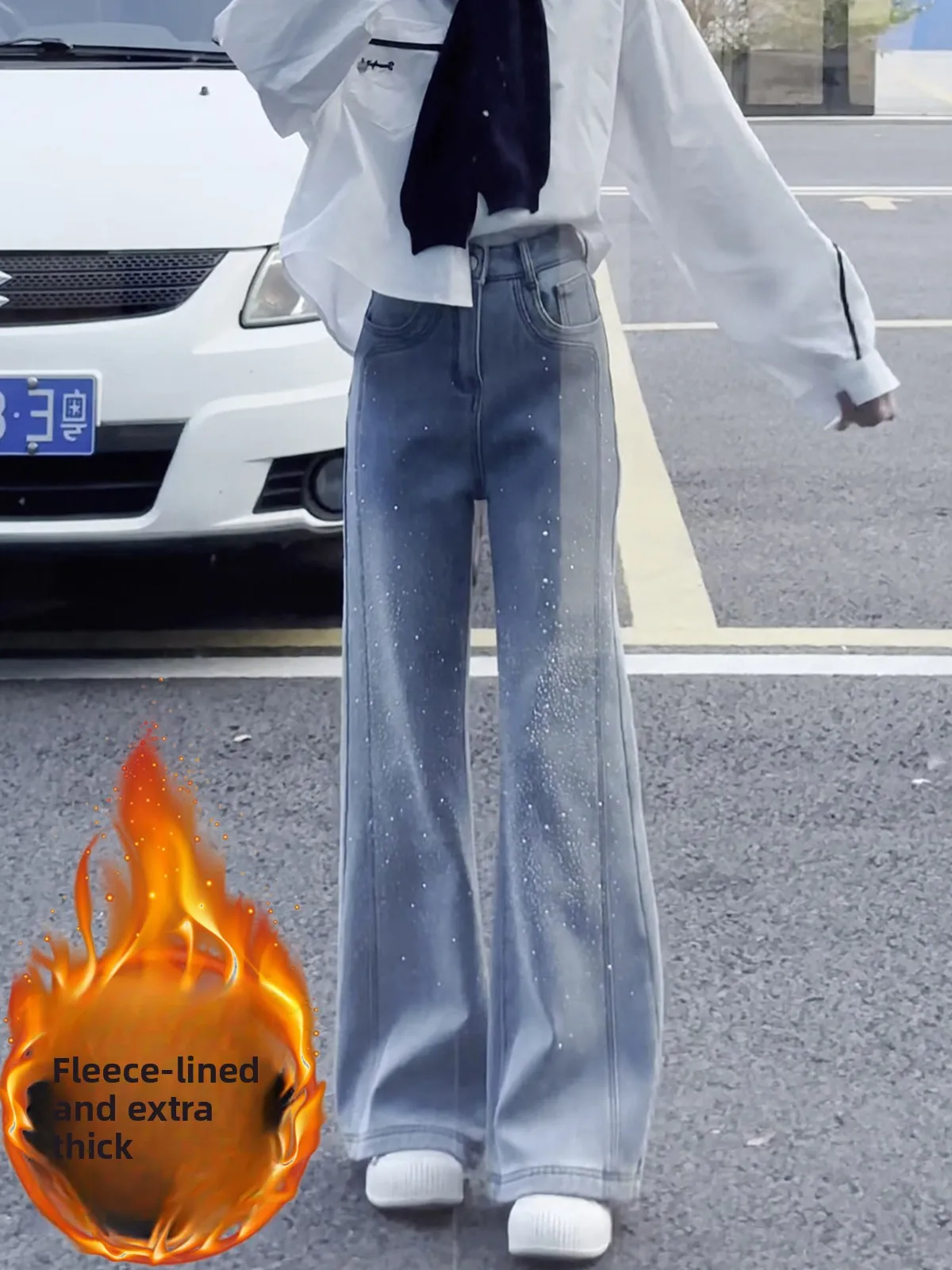 

Retro Star Rhinestone Flared Denim Jeans Women's Thiened Fce High Waist Slimming Hoof Pants Spring New Sle