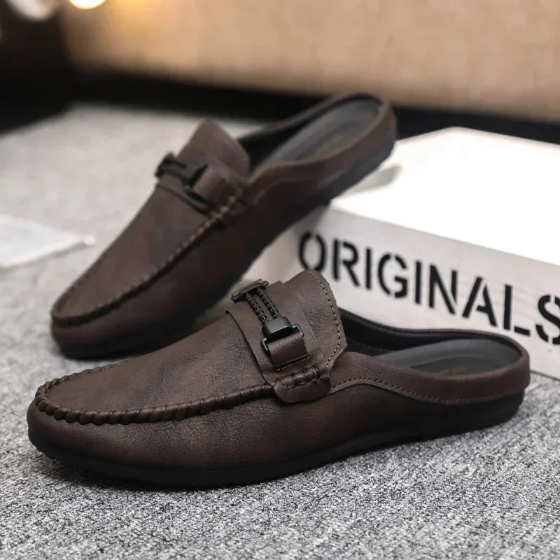 Zapatillas de cuero para hombre, zapatos informales transpirables de verano para hombre, zapatos de conducción perezosos sin cordones, mocasines cómodos para caminar