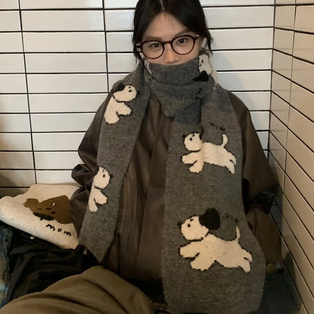 

Fashion Lightweight Puppy Pattern Scarf Korean Style Warm Cashmere Blend Scarf Windproof Cute Knitted Shawl Gift