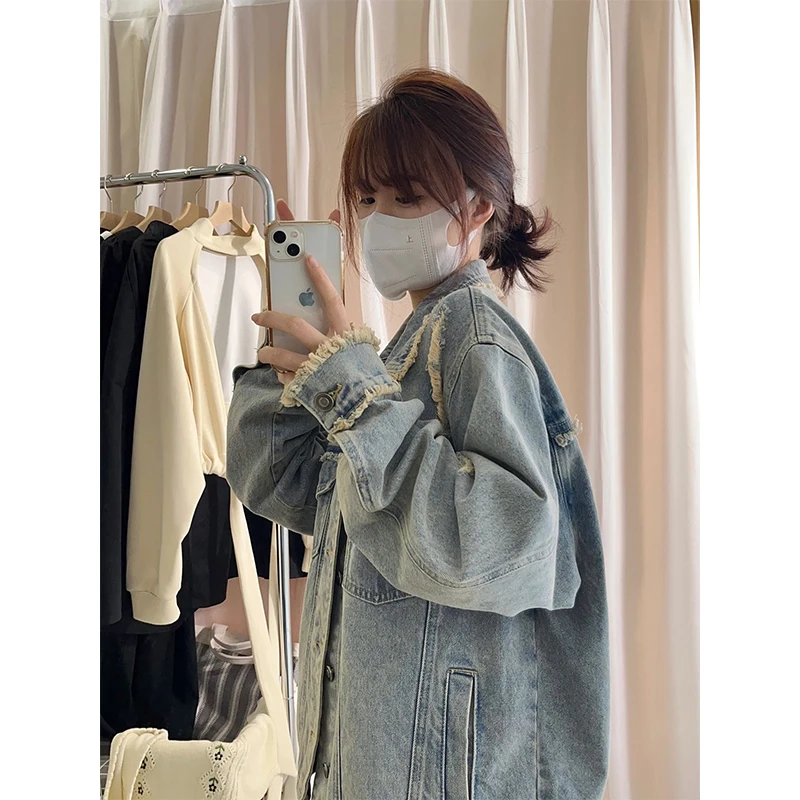 plus Size Women's Retro American Denim Jacket Spring Autumn Winter New Style Harajuku Hong Kong Style Button up Long Sleeve L...