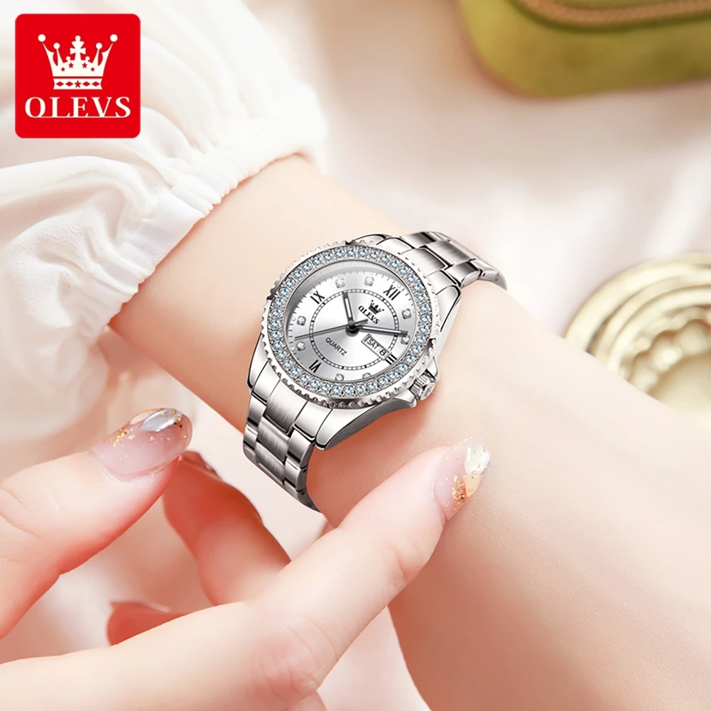 OLEVS Women\'s Watches Young Girl Fashion Elegant Original Quartz Famale Wristwatch Drill Ring Dial Date Week Waterproof Luminous