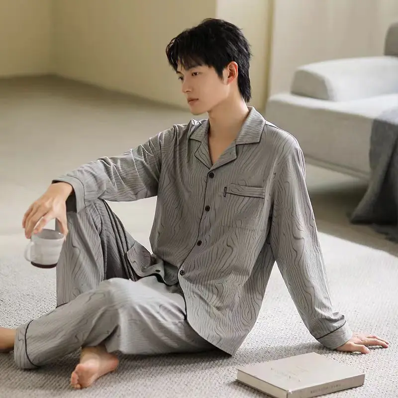 

Plus-Size Men's Pajamas for Spring and Autumn, Stylish Long-Sleeved Loose-Fitting Cardigan Pajamas That Can Be Worn Outside, Versatile Loungewear Set