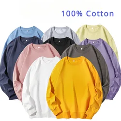 Men Cotton Spring Autumn Solid Color O-neck Sweatshirt Universal Simple Casual Pullover Couple Long Sleeve T-shirt White Top