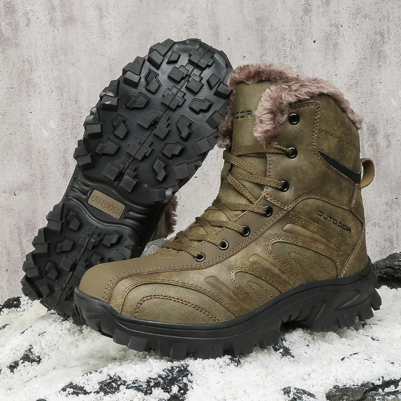 HIKEUP Men Winter Boots Cotton Shoes Tactical Military Genuine Leather Army Hunting Hiking Shoe For Men Outdoor Shoe Plus Size