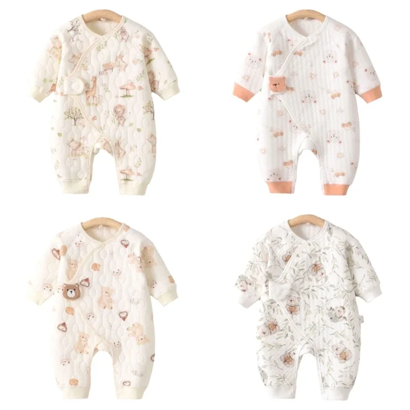 Cartoon Pattern Romper for 0-1Month Baby Long Sleeve Jumpsuit Infant Pajama Breathable Padded Bodysuit Cotton Clothing 15UB
