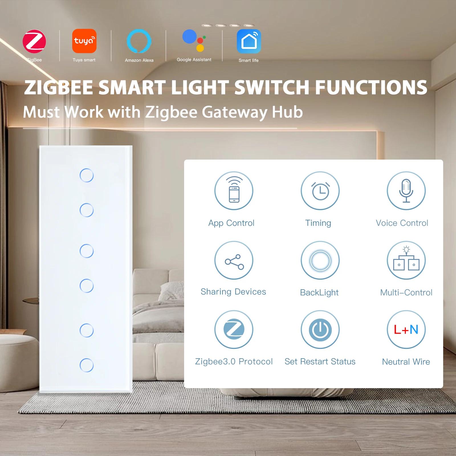 BSEED ZigbeeTouch Switches Series Wall Smart Light Switches Blue LED Backlight Glass Sensor Screen Tuya APP Switches EU Standard