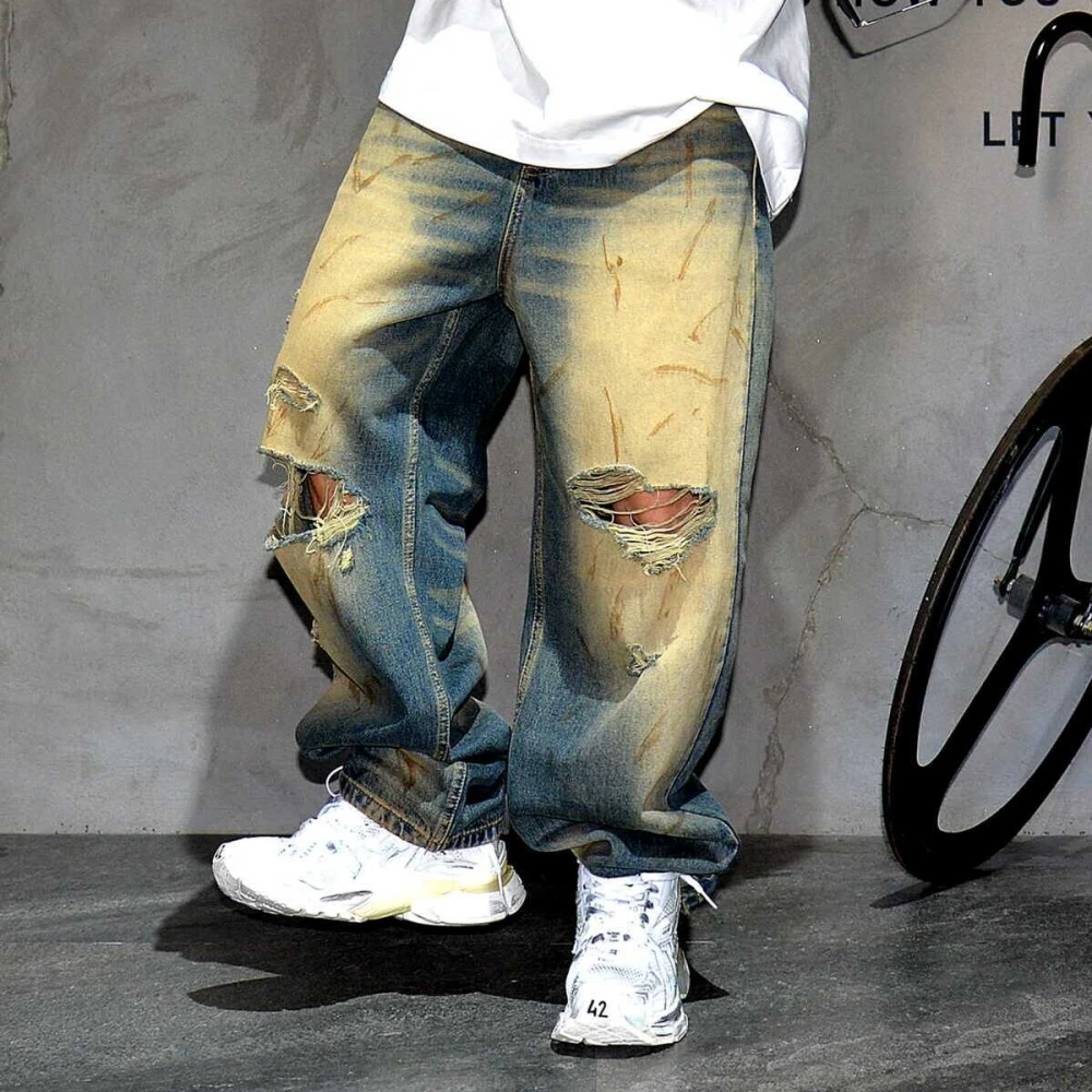 Japanese Streetwear Ripped Baggy Jeans For Mens Clothing Hip Hop Vintage Denim Trousers Korean Fashion Distressed Pants Male