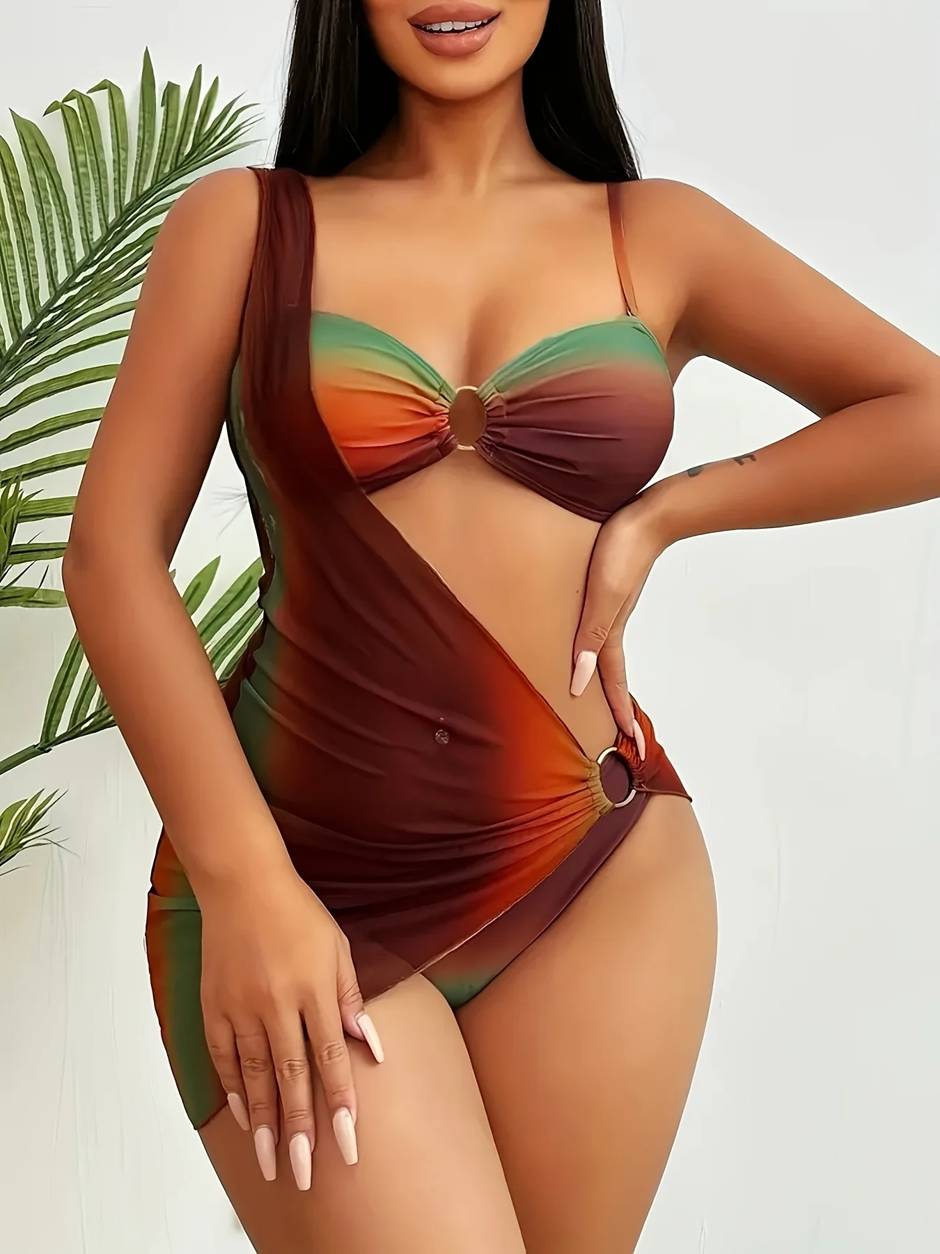 Nuevo traje de baño de una pieza estilo vestido recortado con hebilla de Metal marrón-naranja degradado a la moda para mujer para traje de baño de vacaciones tropicales