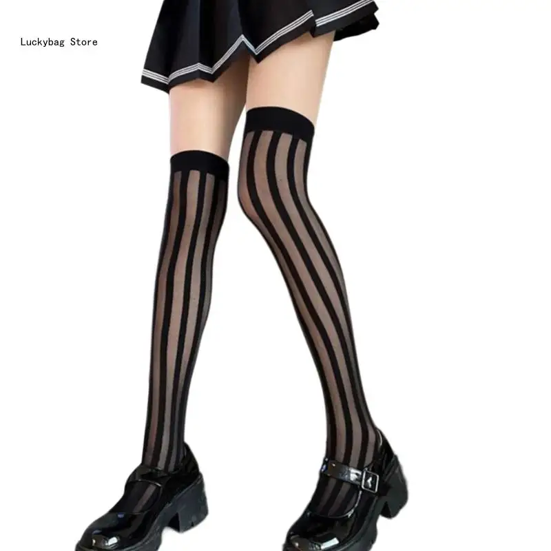 

Dark Gothic Over Knee Long Socks Japanese JK Vertical Striped Sheer Stockings