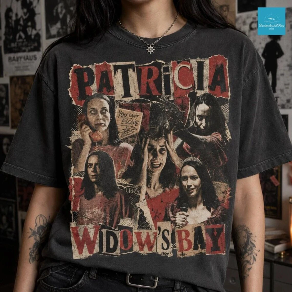 Patricia Widows Bay Shirt Retro Horror Collage Tee Halloween Fan Gift Short Sleeve T-shirts for Summer Unisex All-Season