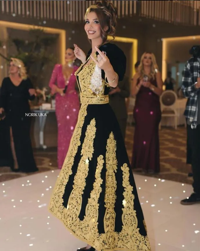 Black Velvet Arabic Caftan Prom Dresses Two Pieces 2024 Luxury Applique Karakou algerien Albanian Evening Formal Dress Outfit