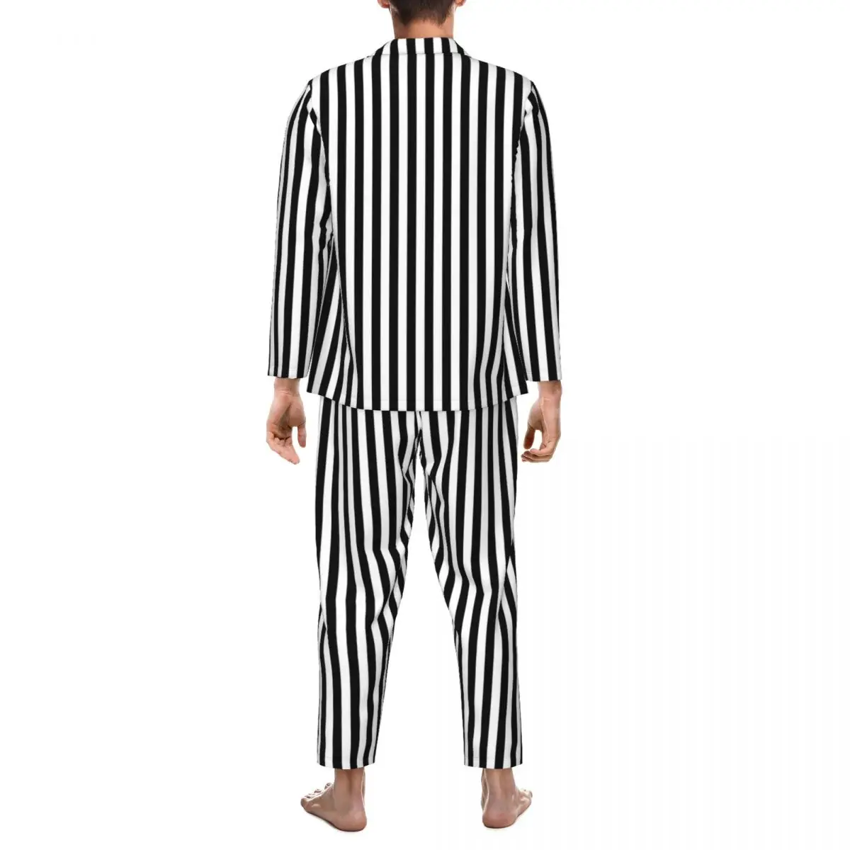 Black White Striped Sleepwear Spring Vertical Lines Print Casual Oversized Pajamas Set Man Long Sleeve Fashion Home Home Suit